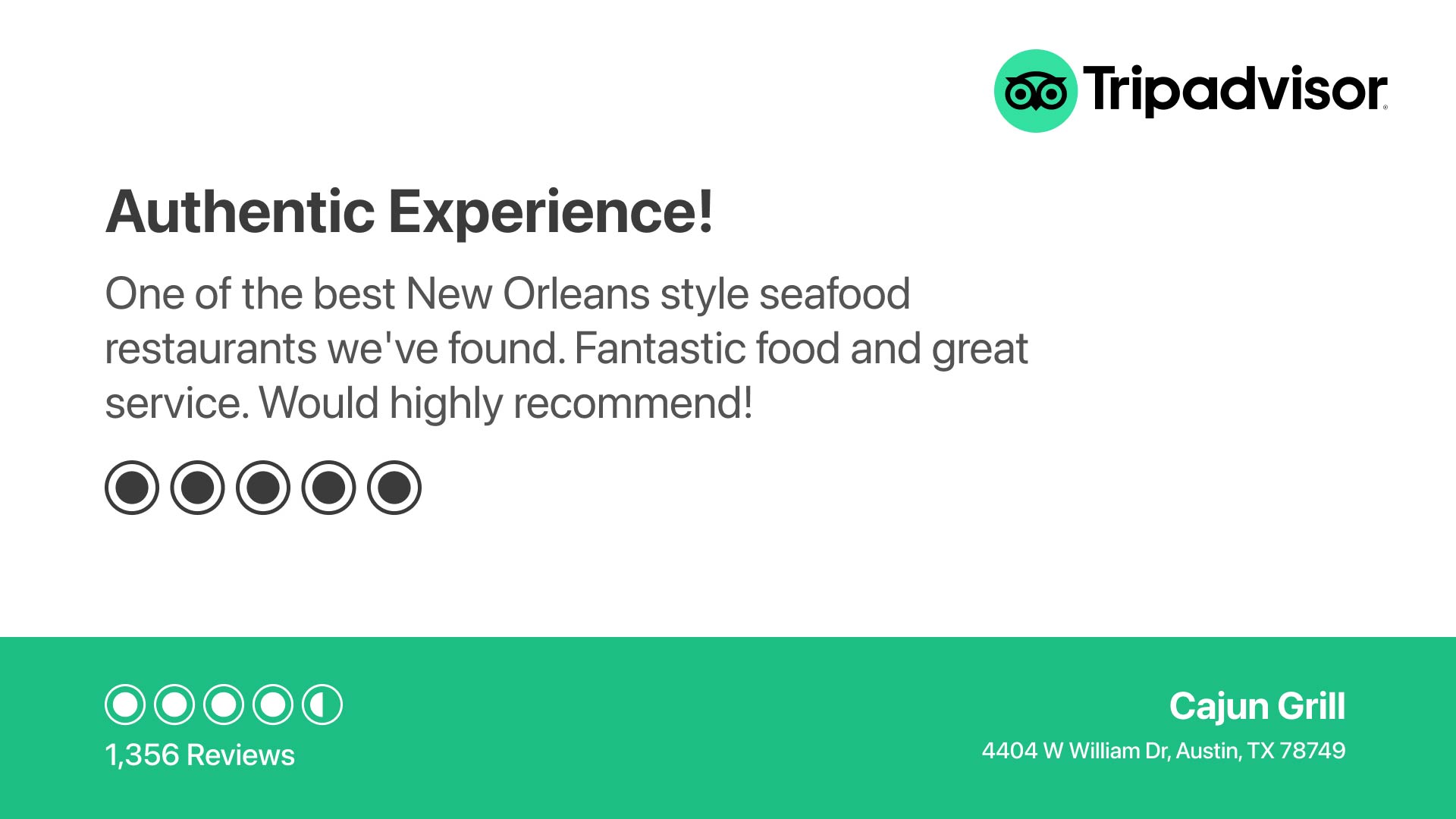 TripAdvisor 5-star review for Cajun Grill, a New Orleans-style seafood restaurant in  the USA