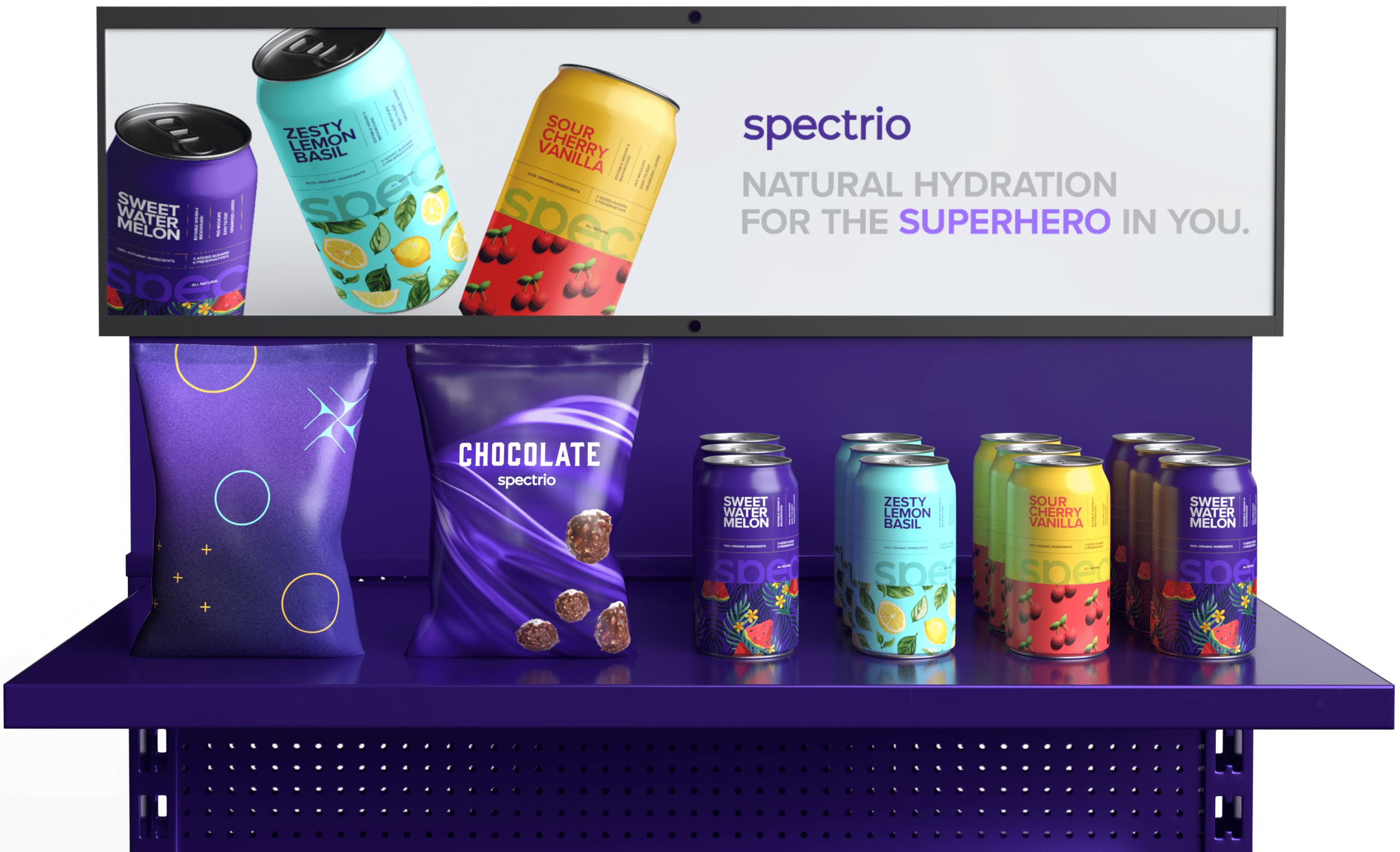 Spectrio branded endcap with snacks and a digital signage banner