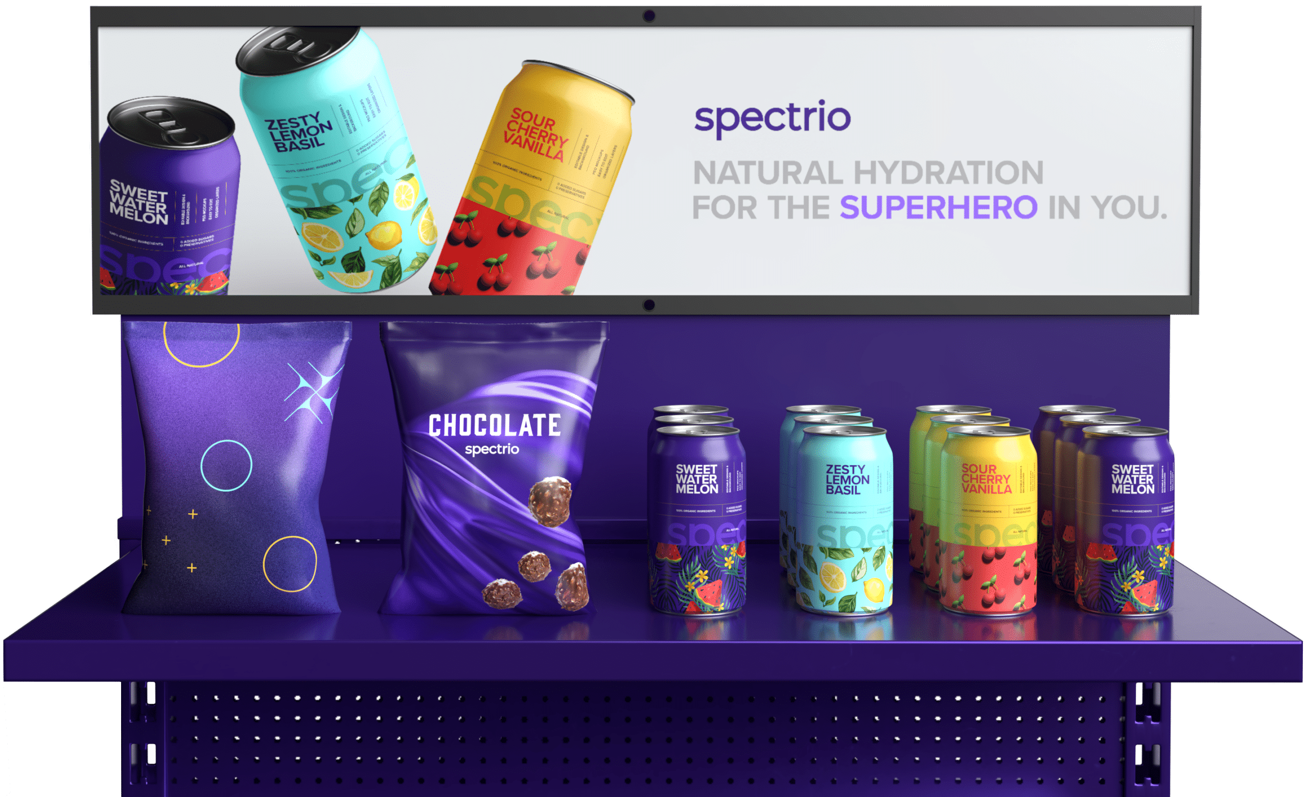 Spectrio branded endcap with snacks and a digital signage banner