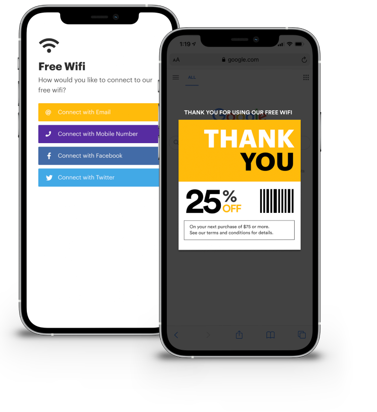Free WiFi login options with a coupon offer on the smartphone screen, a promotional deal in the USA.