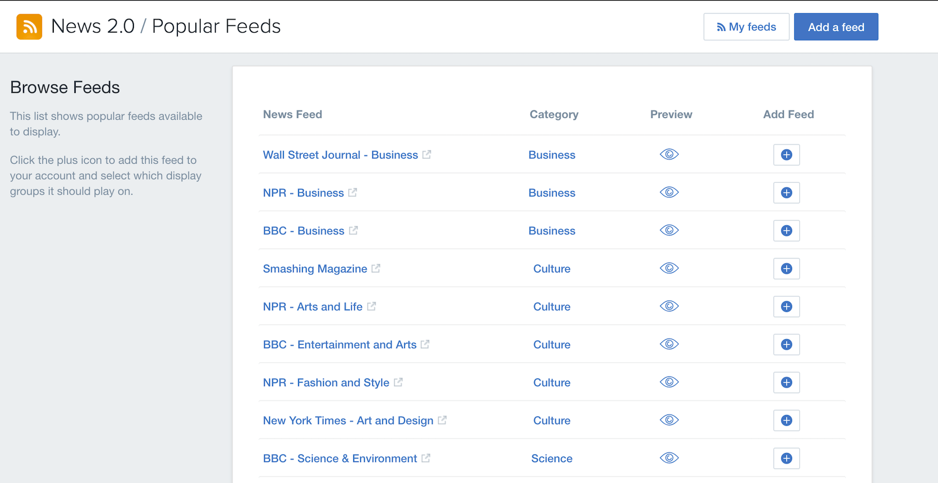 Enplug's digital signage news feeds app has a library of pre-configured feeds to use.