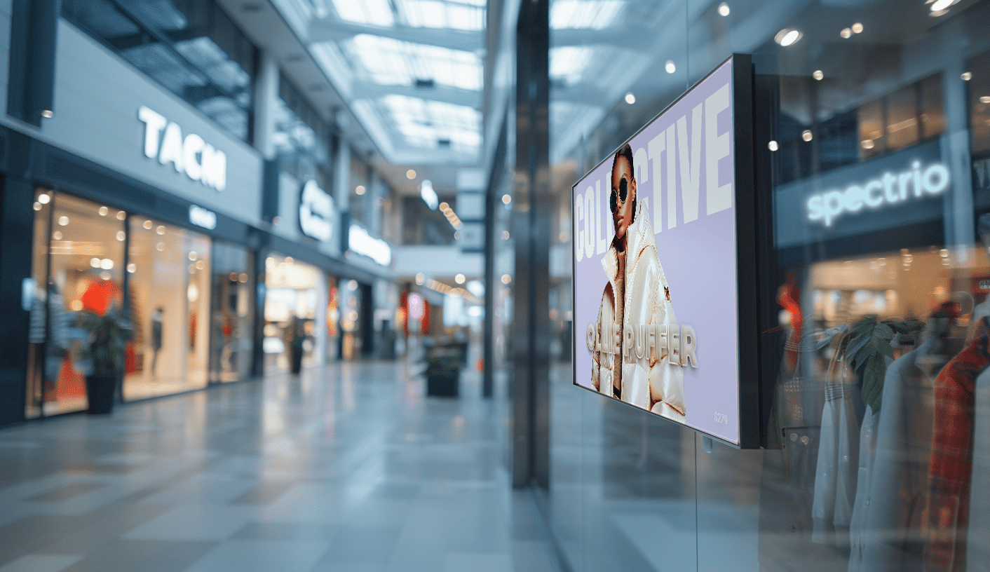 Digital sign on the front of a store in a shopping mall