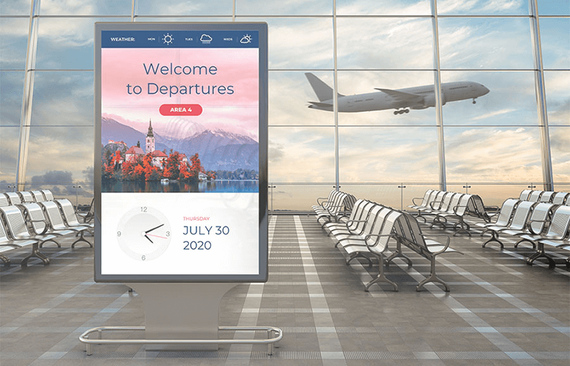 Digital signage integrated into an airport AV system at the departure gate.