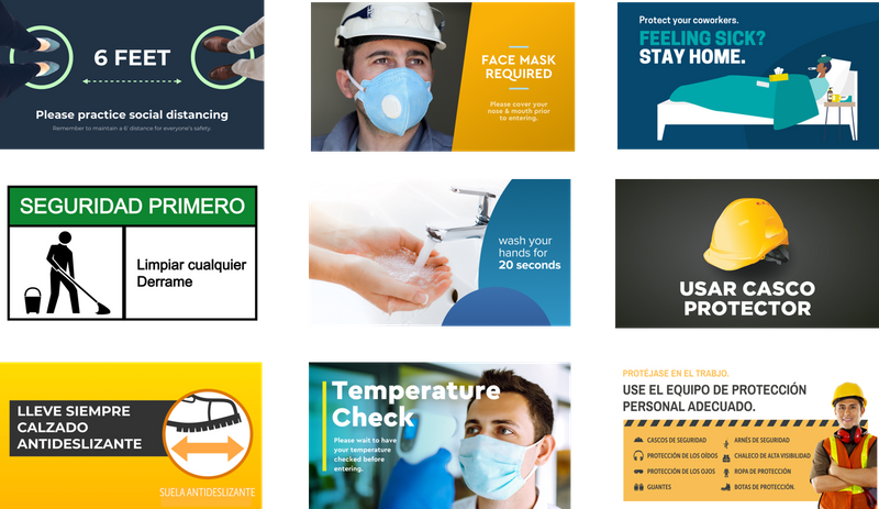 Workplace safety signs in English and Spanish promoting health and safety protocols in the USA