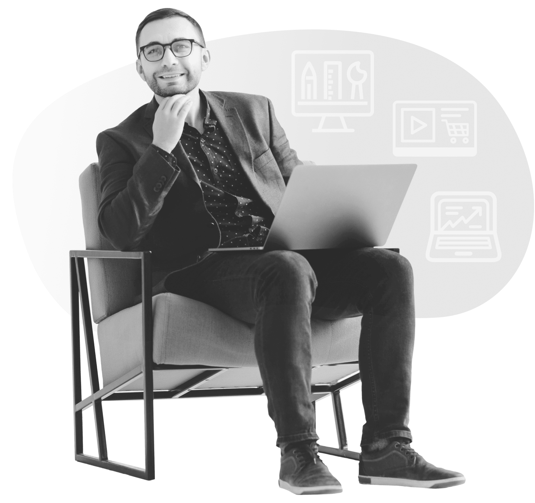 Man at computer with trio product icons